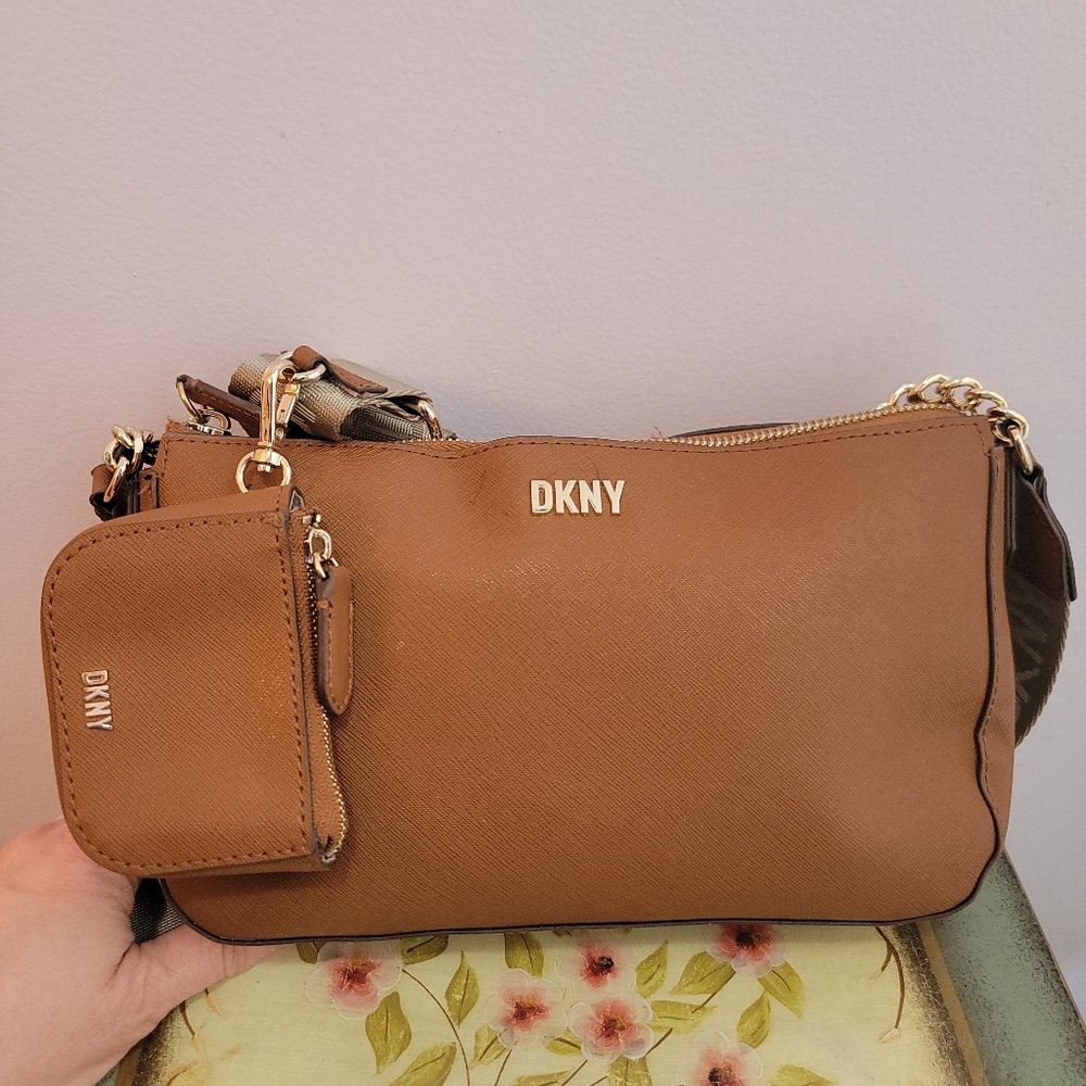 DKNY Brown Vegan Leather  Crossbody with Coin Purse with DKNY Guitar Strap - Picture 5 of 13